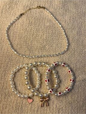 Pearl Bead Necklace and Charm Bracelet Set - White